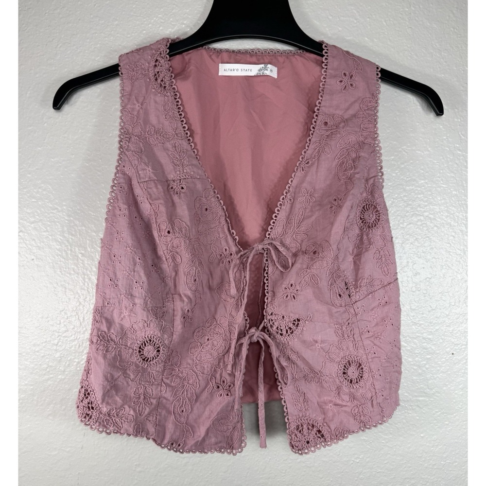 Altar'D State Pink Eyelet Embroidered Tie Front Crop Top Vest Womens Medium
